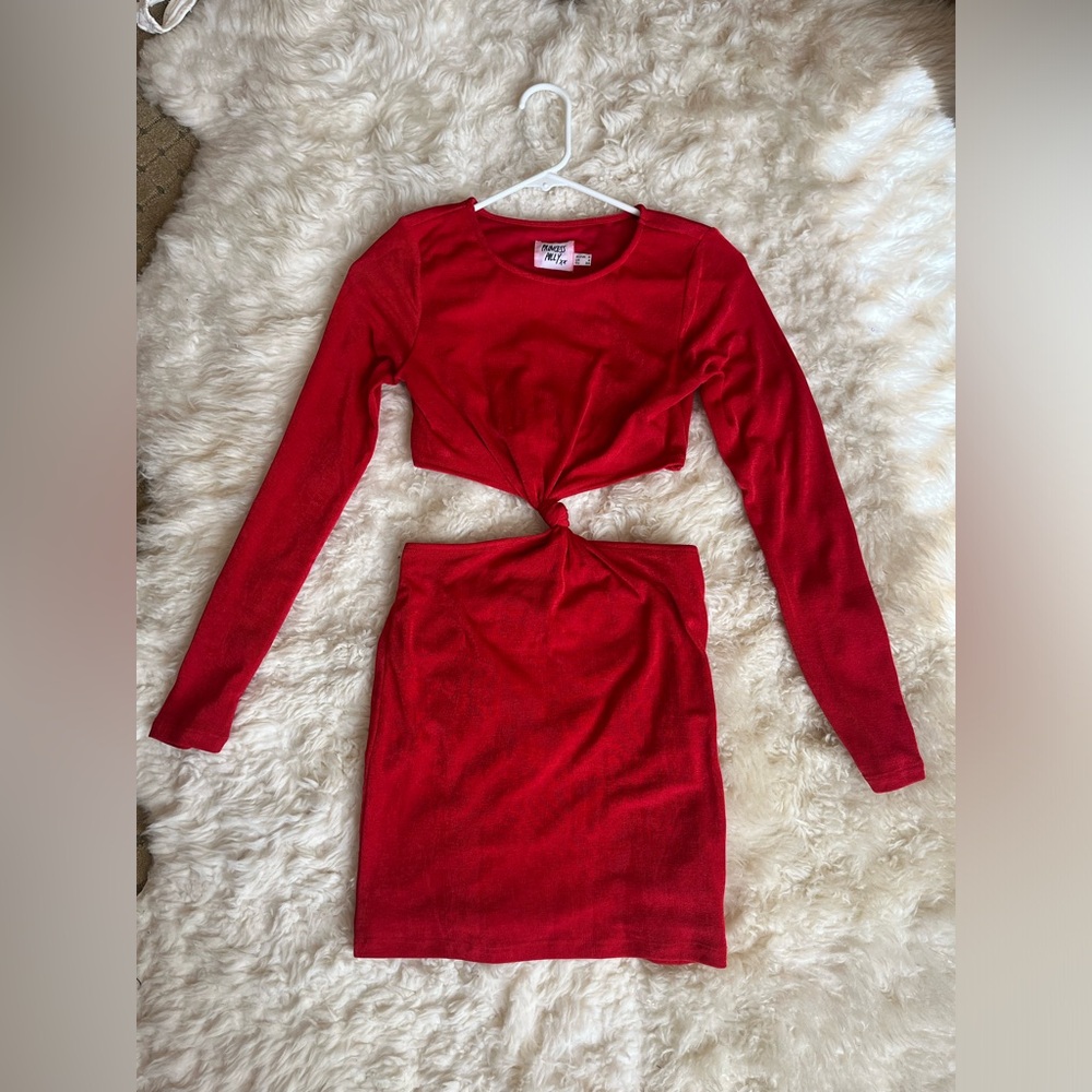 Red Princess Polly Mini Dress, Long Sleeve, Open Stomach, Size 2